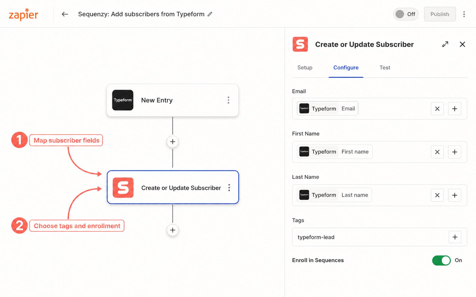 Zapier Sequenzy action showing subscriber field mappings, tags, and sequence enrollment