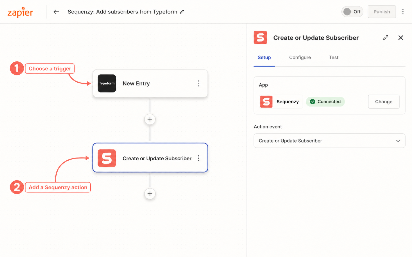 Zapier workflow showing a Typeform trigger connected to a Sequenzy Create or Update Subscriber action