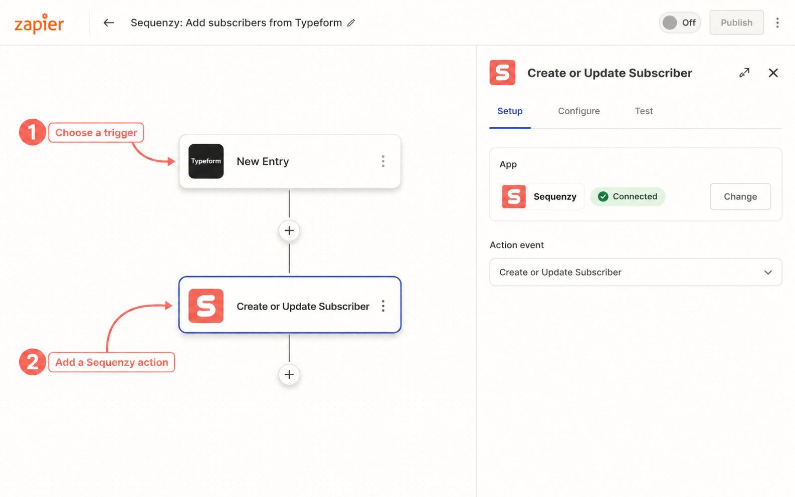 Zapier workflow showing a Typeform trigger connected to a Sequenzy Create or Update Subscriber action