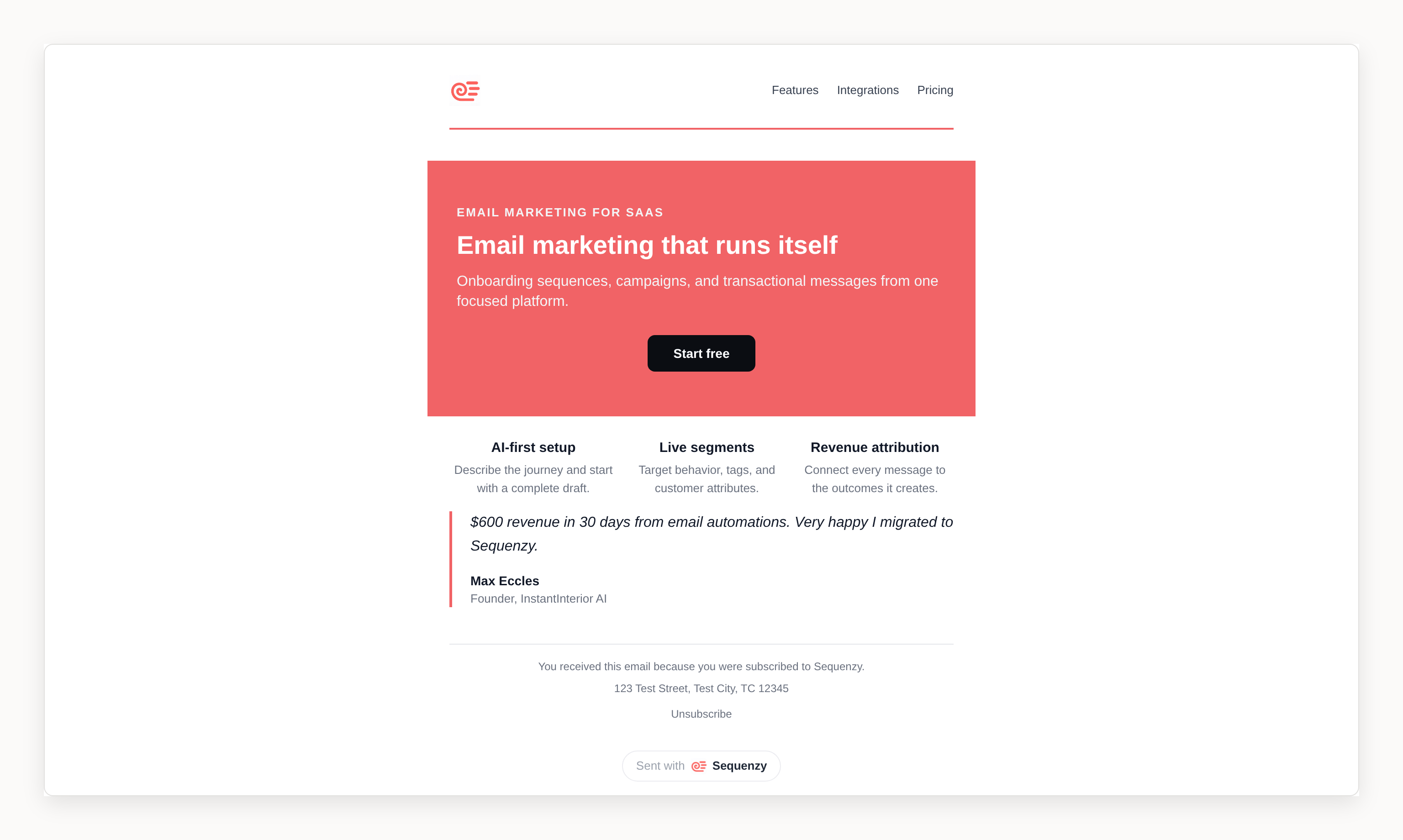 Sequenzy-styled marketing email with a branded header, coral hero, feature row, testimonial, and compliance footer