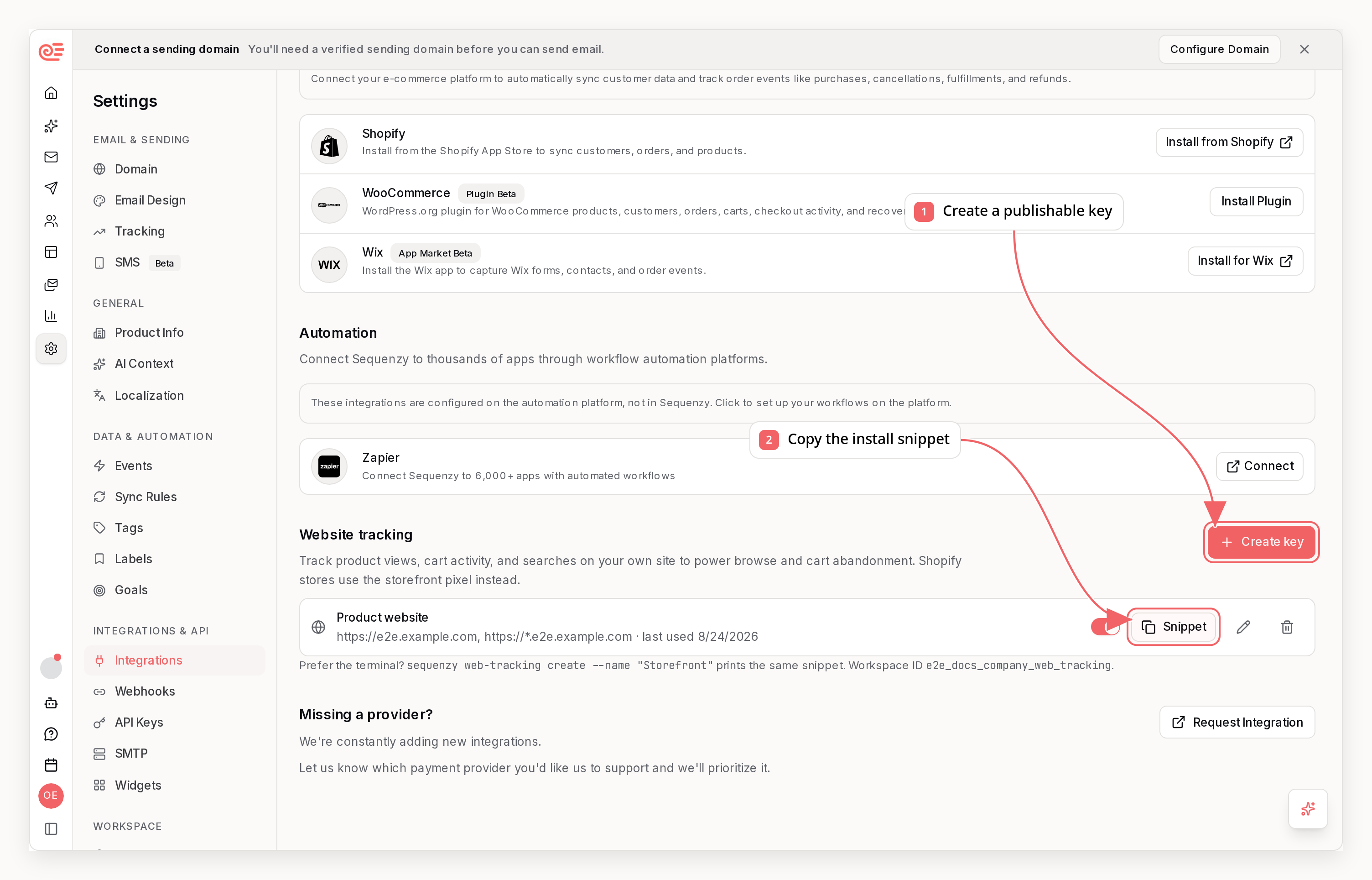 Sequenzy website tracking settings with callouts showing key creation and the install snippet