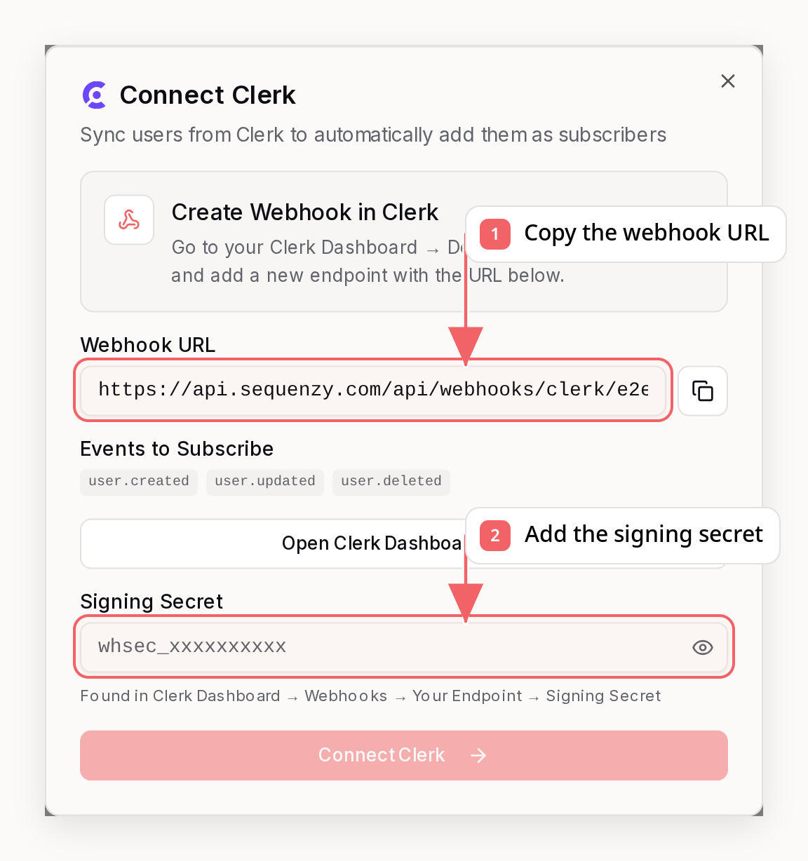Sequenzy Clerk connection dialog with callouts showing the required setup fields