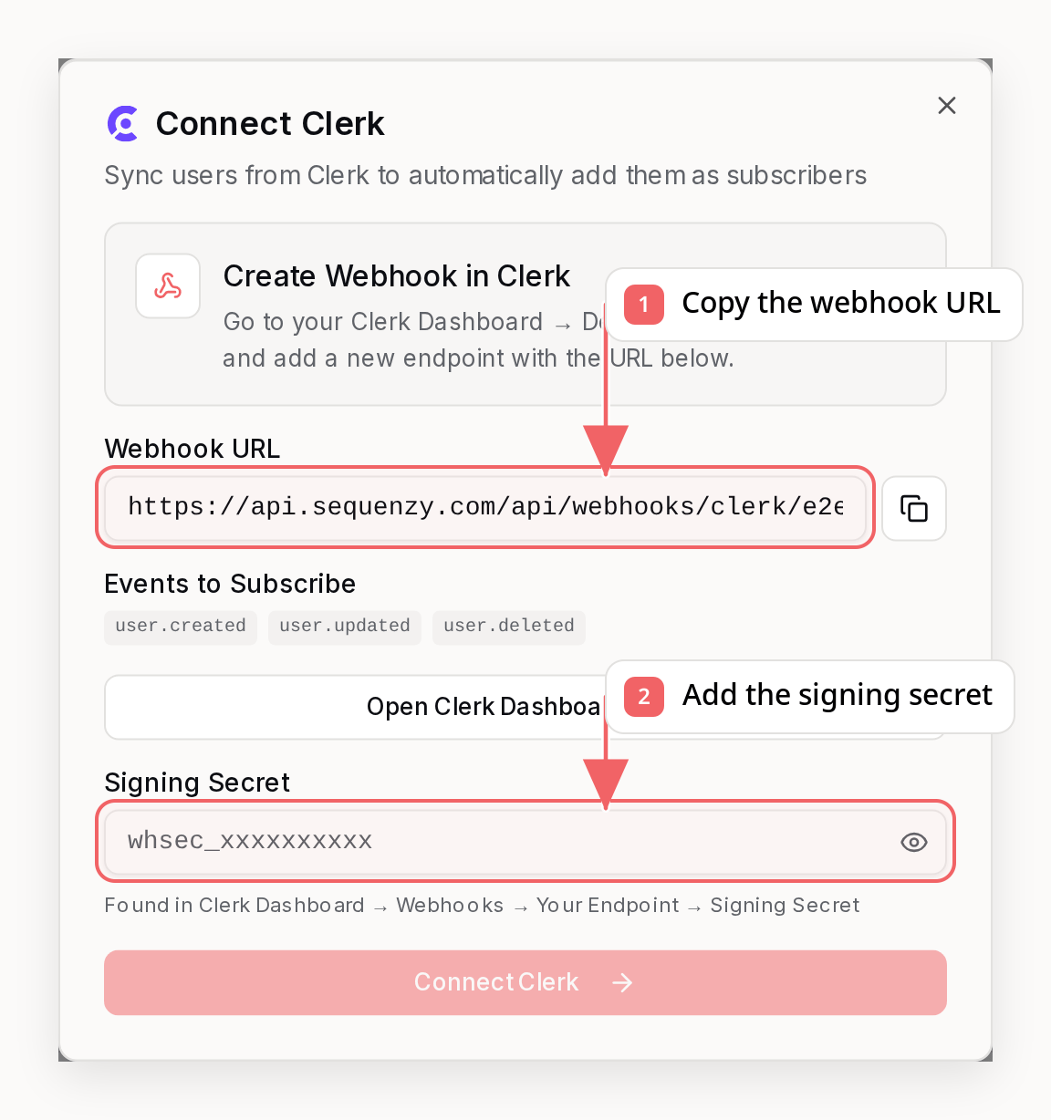 Sequenzy Clerk connection dialog with callouts showing the required setup fields