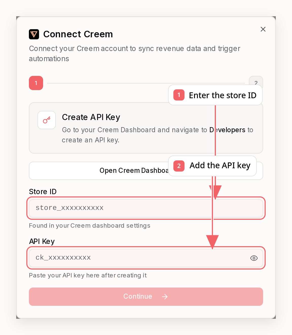 Sequenzy Creem connection dialog with callouts showing the required setup fields