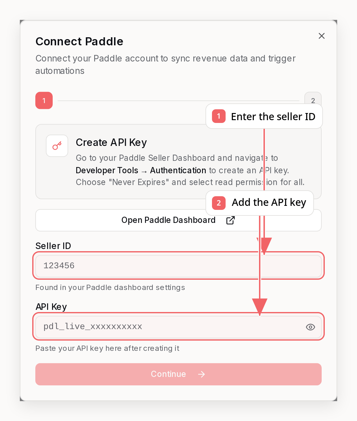 Sequenzy Paddle connection dialog with callouts showing the required setup fields