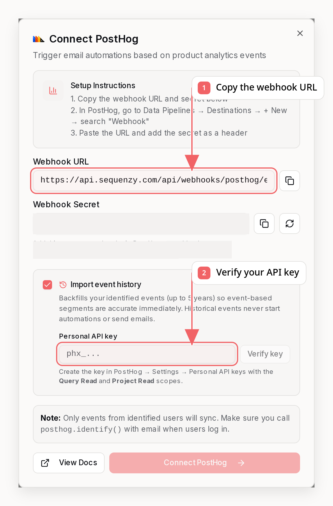 Sequenzy PostHog connection dialog with callouts showing the required setup fields