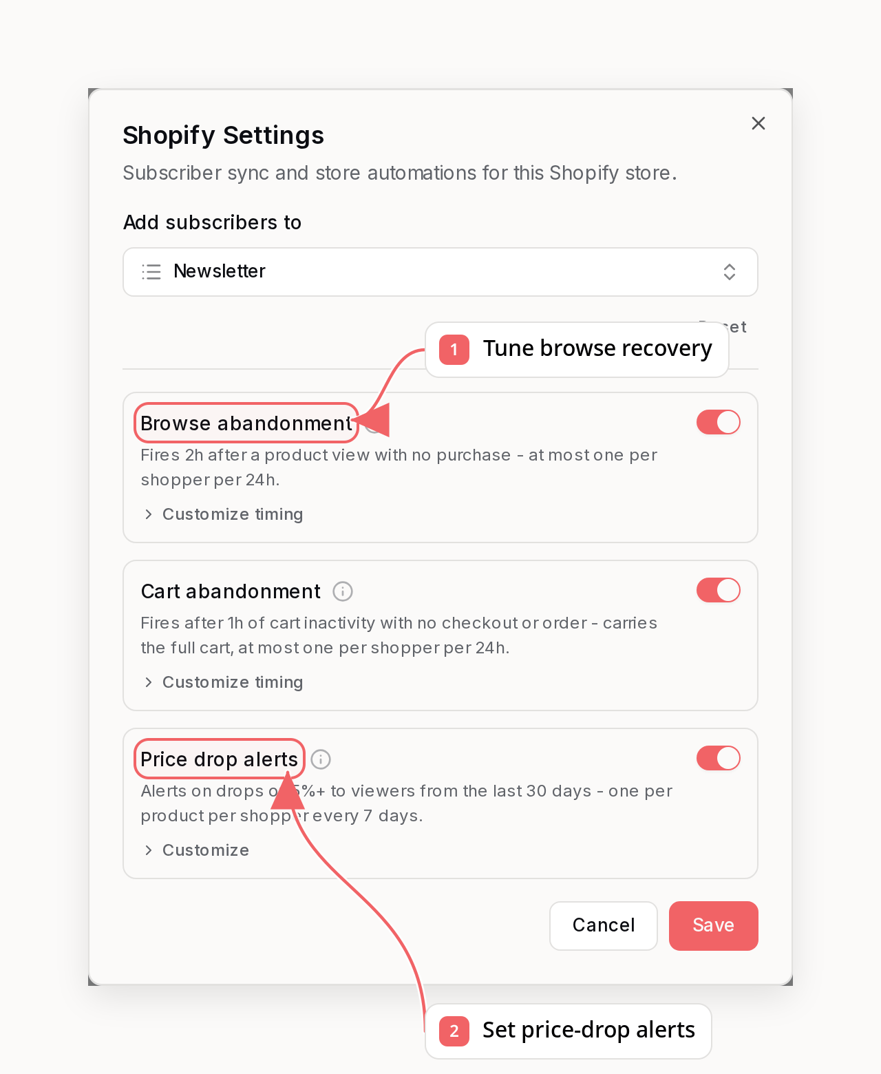Shopify automation settings showing browse-abandonment and price-drop timing controls