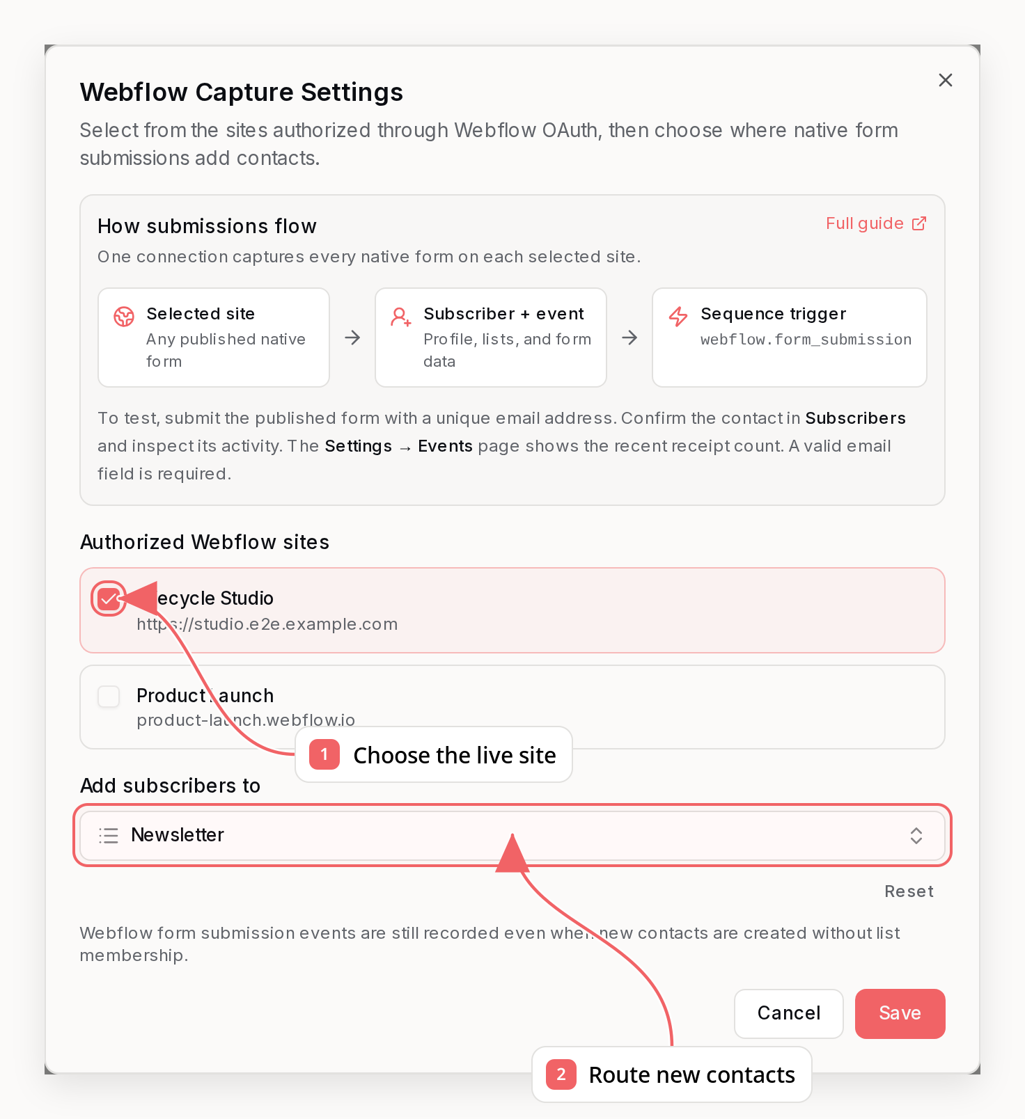 Webflow settings dialog showing the connected account, authorized sites, and subscriber list routing