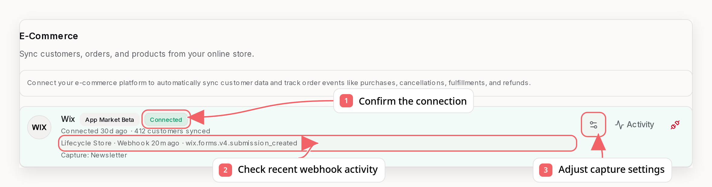 Connected Wix integration showing site identity, status, settings, refresh, and disconnect controls