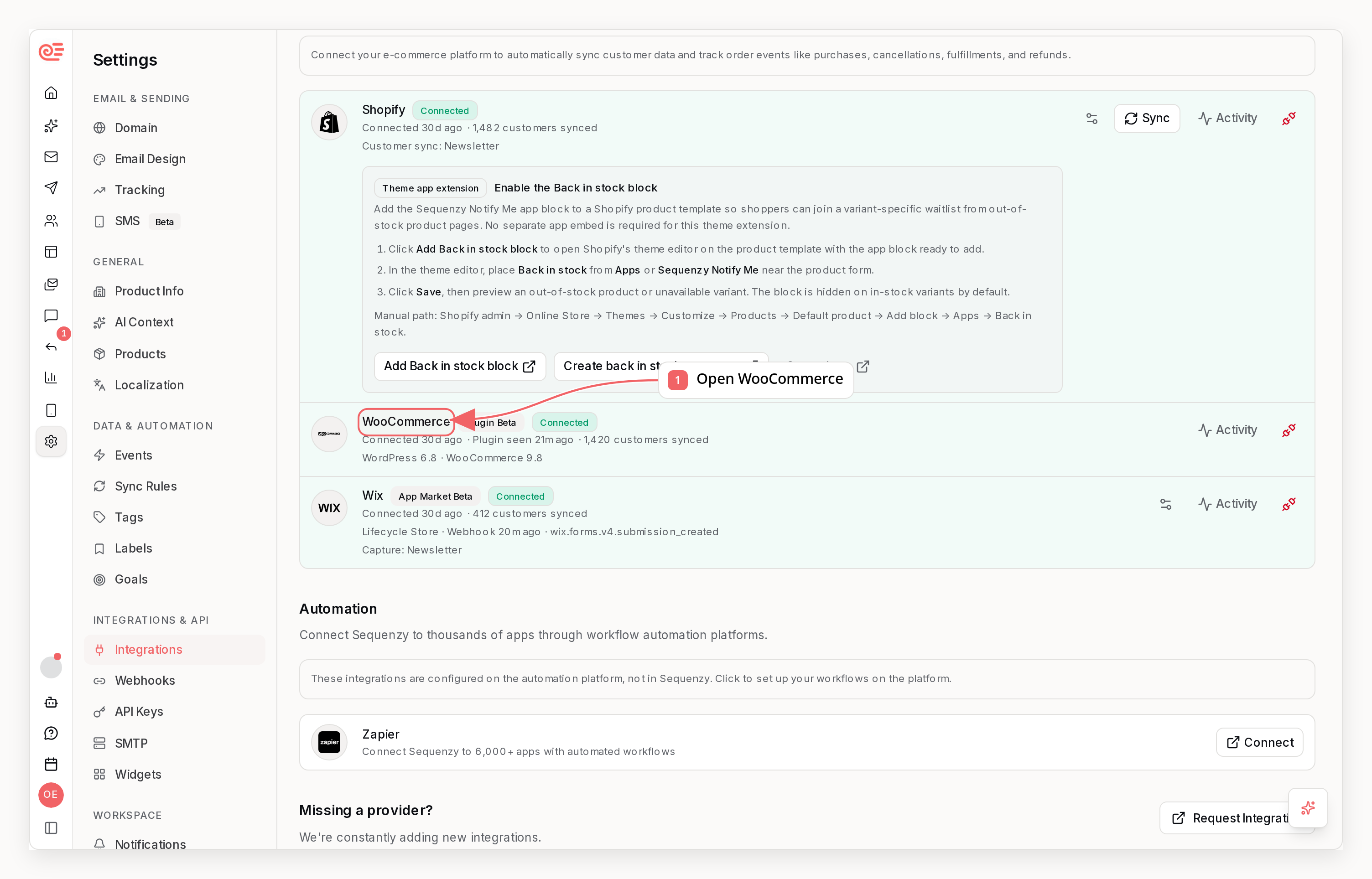 Sequenzy integrations page with WooCommerce highlighted under Commerce Integrations