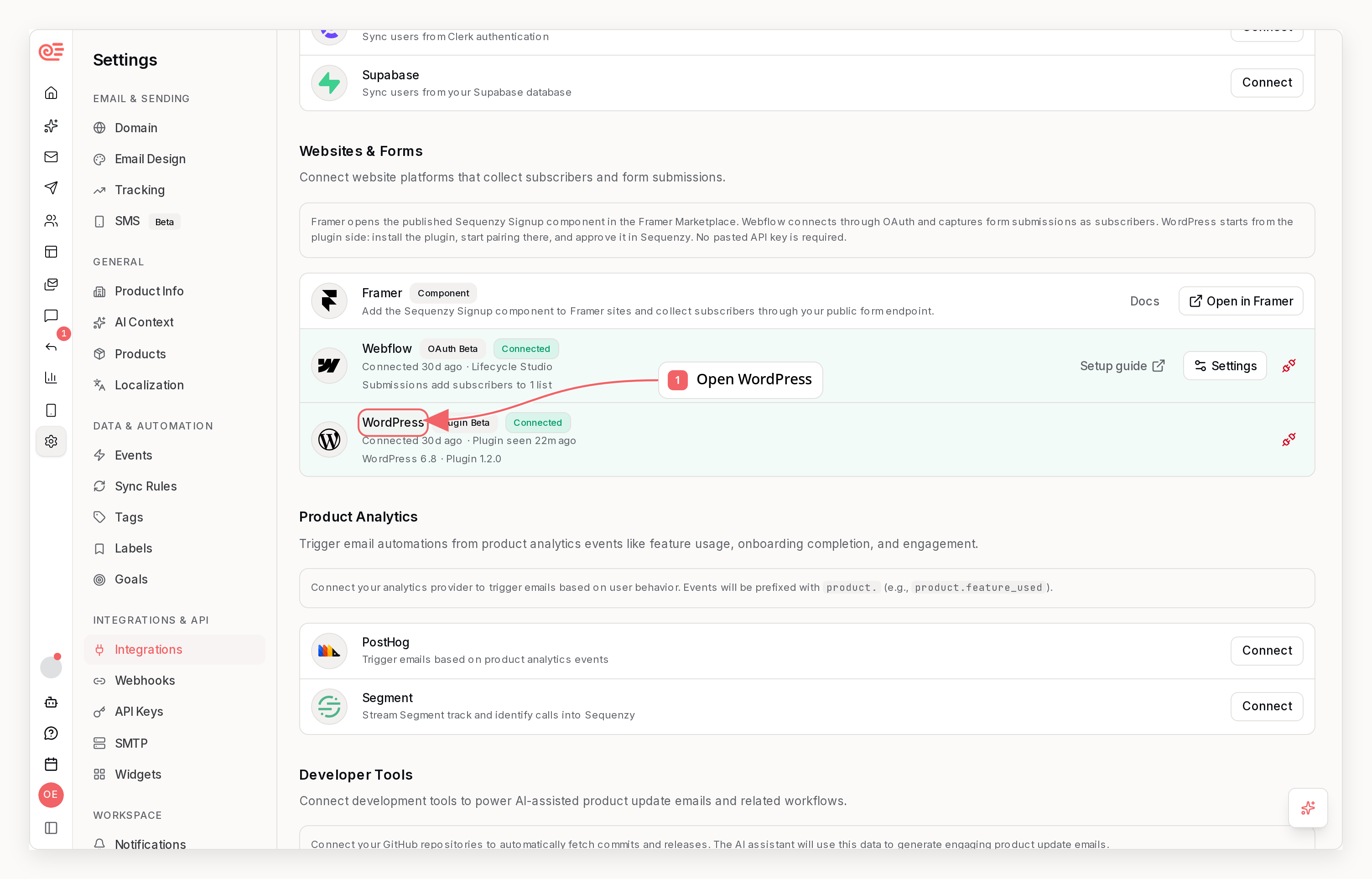 Sequenzy integrations page with WordPress highlighted under Websites and Forms