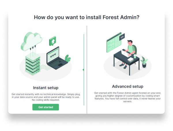 Choose Instant Setup to connect to your data source and spin up an admin panel instantly.
