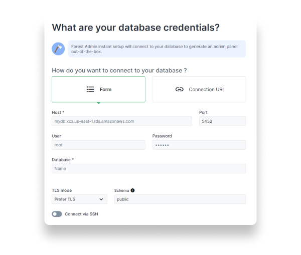 Enter the connection details from Sequin on Forest Admin.
