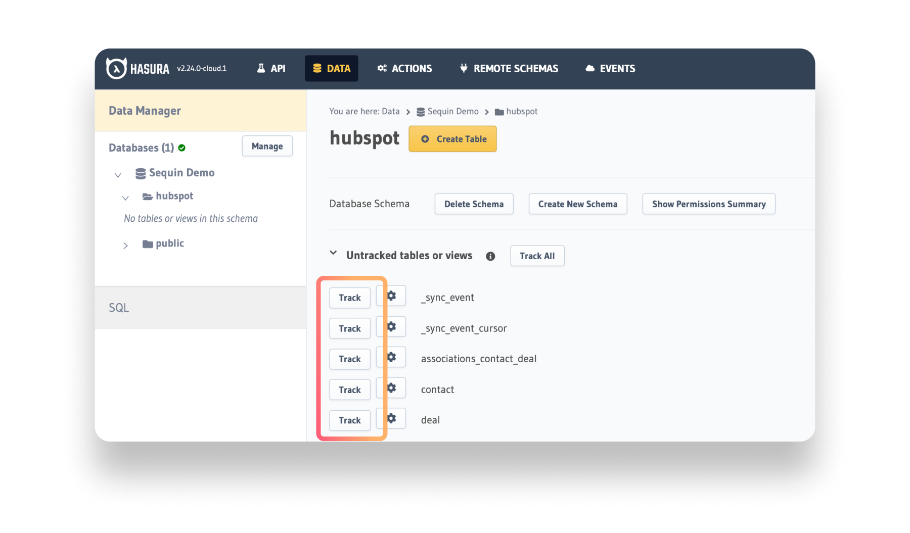 Track tables in Hasura