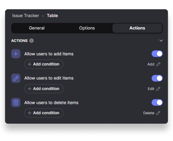 Ensure that the options to add, edit, and delete table data are enabled.