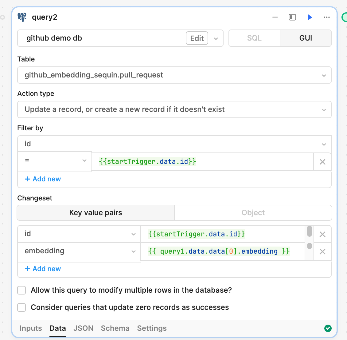 Block that configures a SQL upsert into the embeddings table.