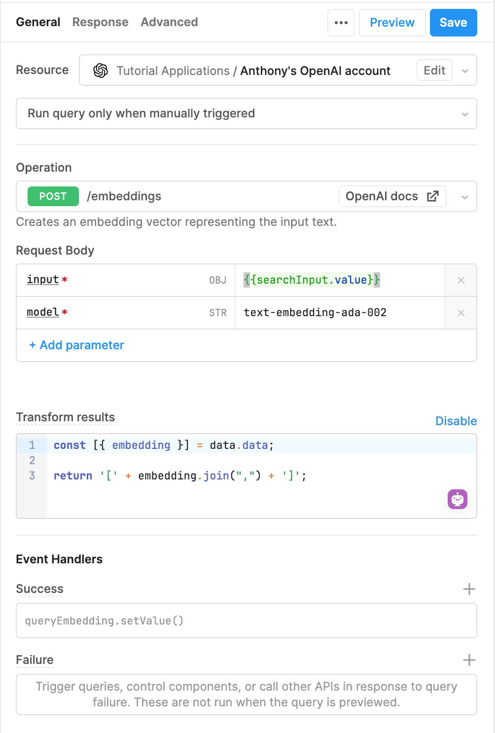 JavaScript function that fetches the query embedding from OpenAI's API using Retool's connector.