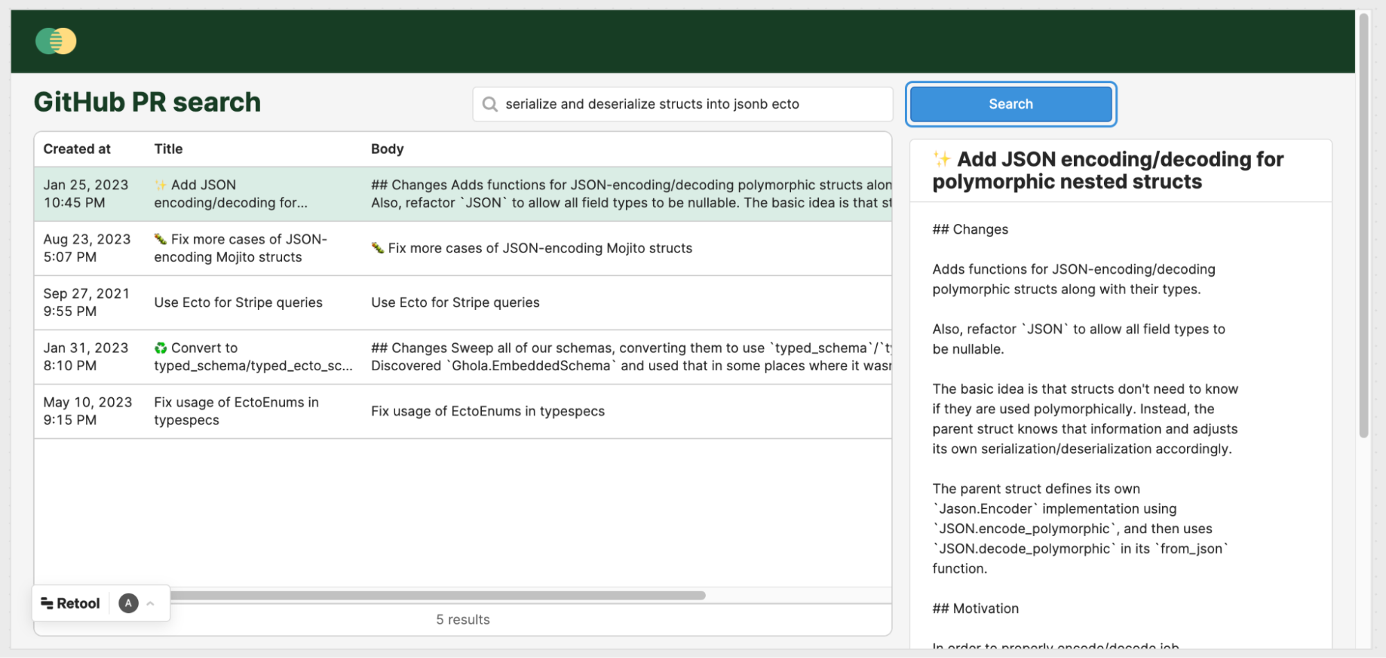 Example Retool App for searching your GitHub PRs and commits. Displays a table of results, with a search bar up top.