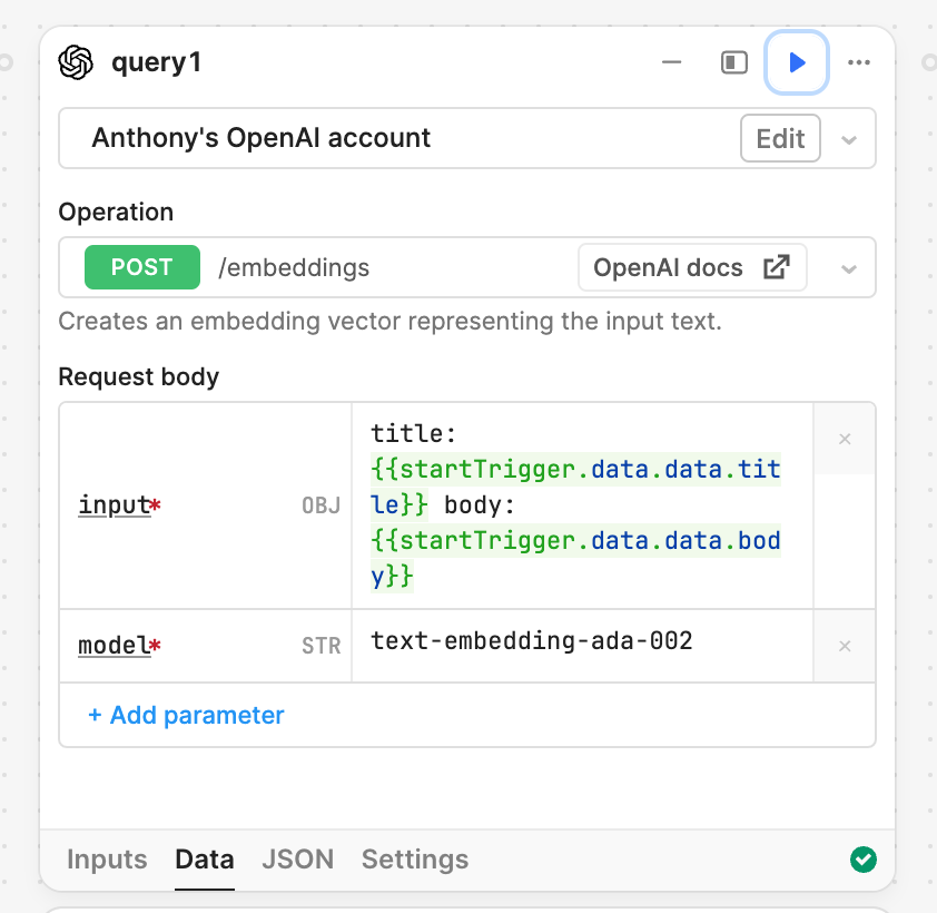 Retool Workflow Block for OpenAI, showing how to configure a call to the /embeddings endpoint.