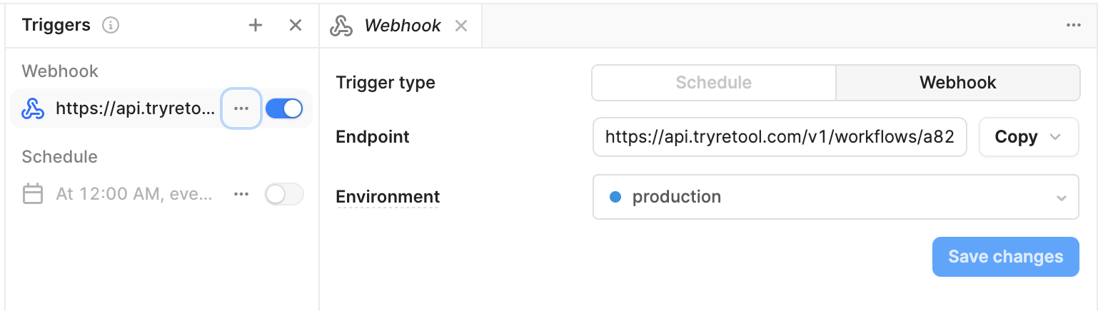 The webhook configuration panel of the startTrigger block.