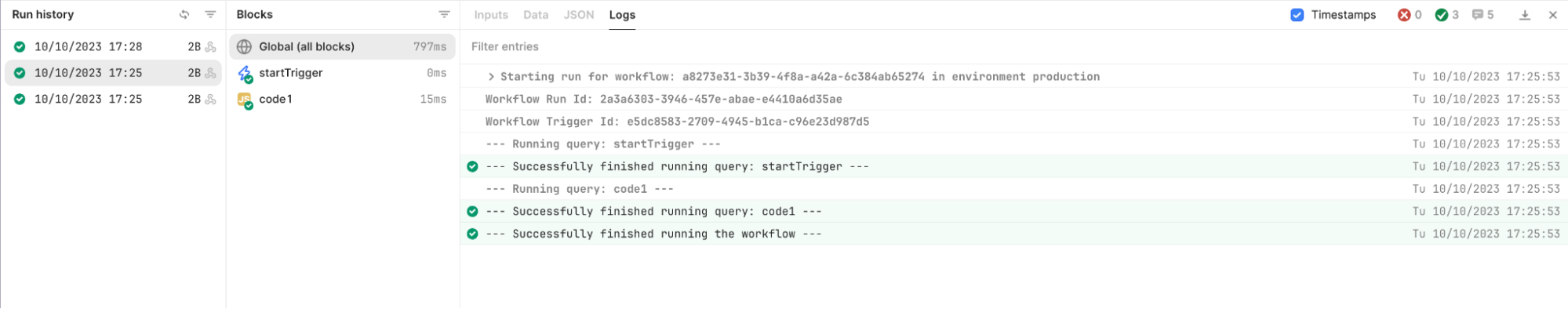List of recent workflow runs in Retool Workflow console. There are evidently a few webhooks that have been received.