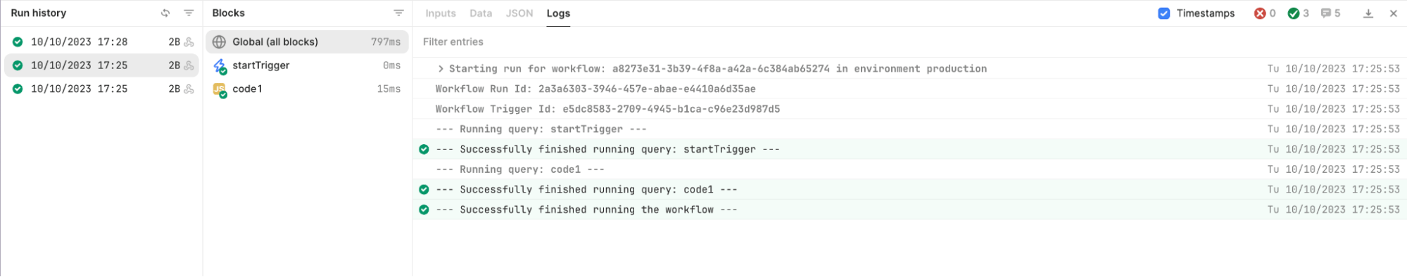 List of recent workflow runs in Retool Workflow console. There are evidently a few webhooks that have been received.
