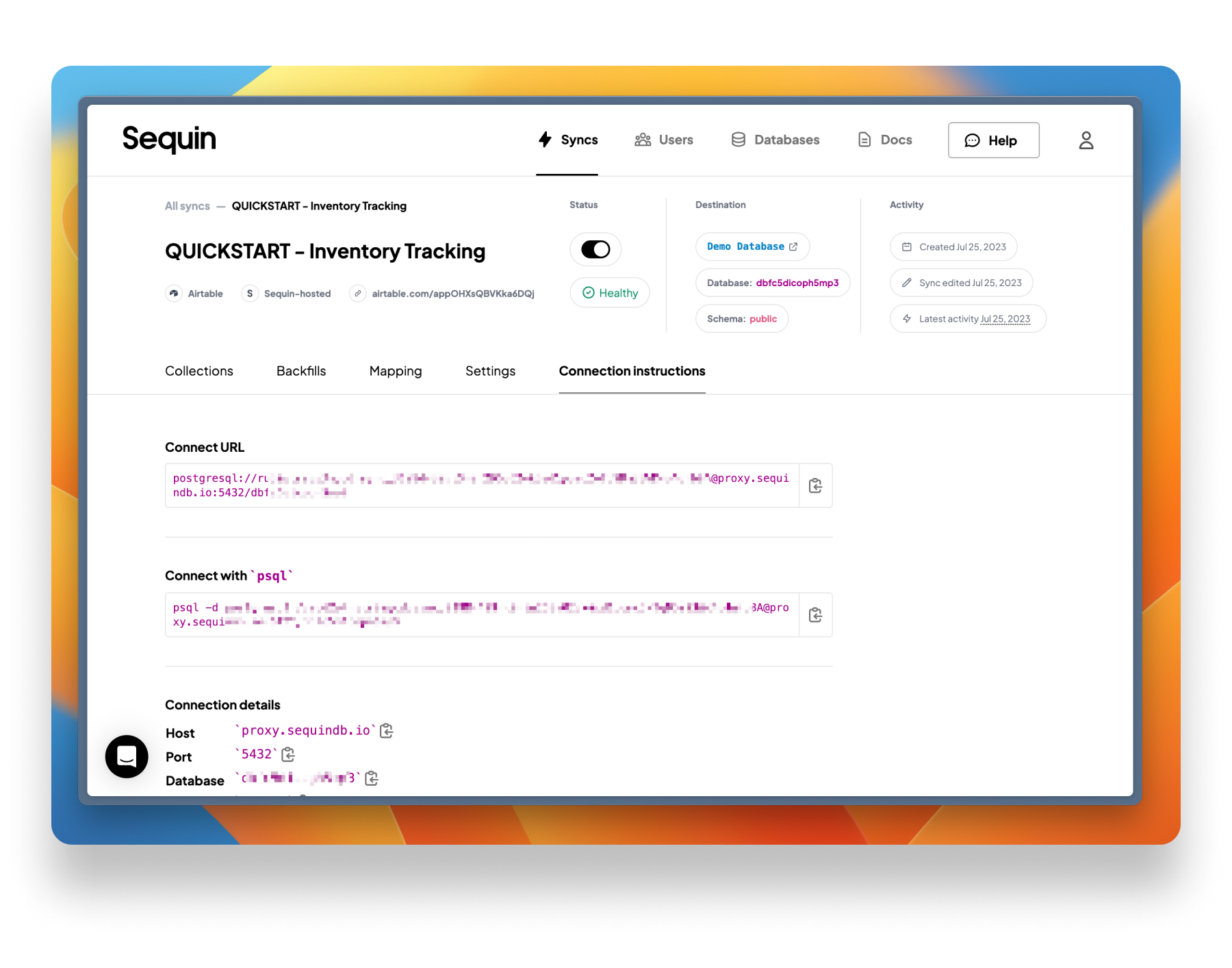 Connection instructions for your Sequin-hosted database