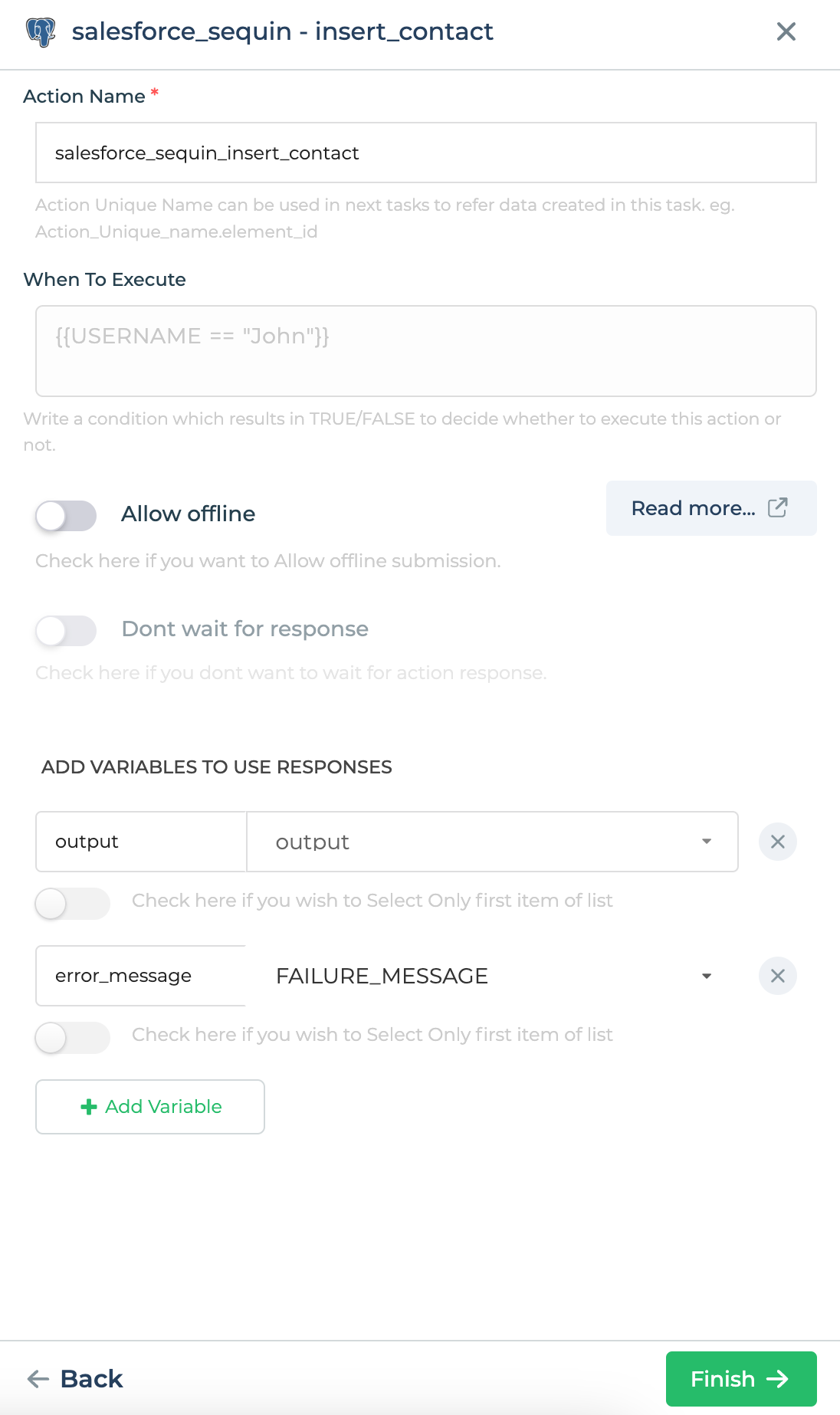 Configuring the insert query to bind success and failure responses to variables