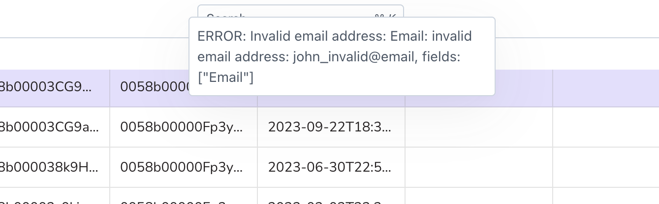 The validation error returned by Salesforce, rendered as a popover.