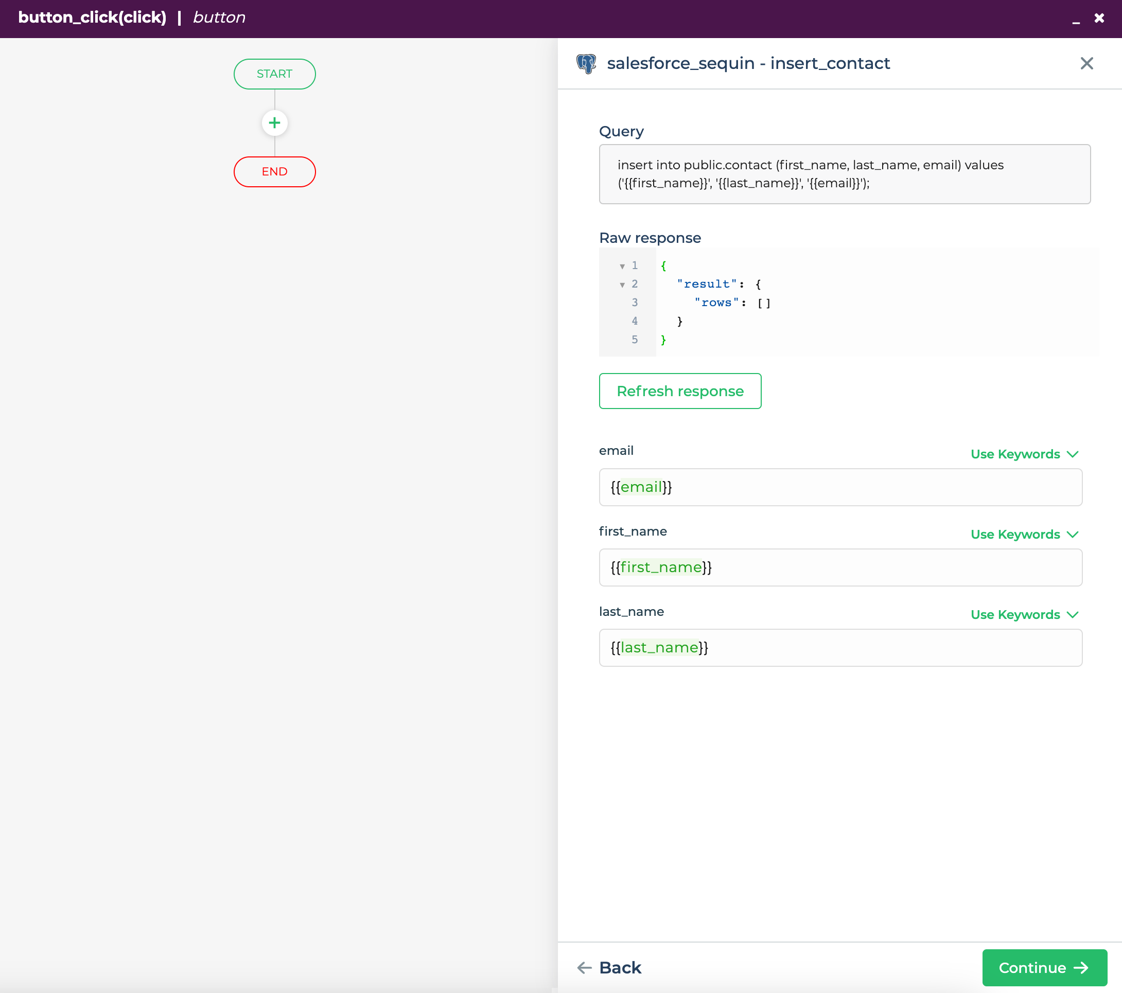 Configuring an insert query in the DronaHQ interface.