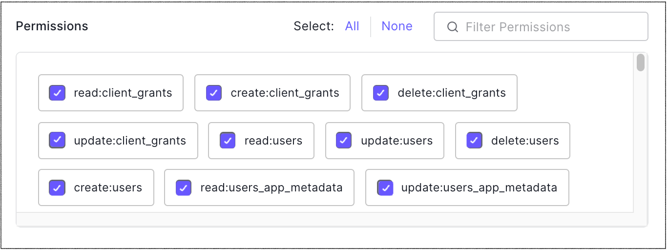 In Auth0, selecting the permissions you want to grant to Sequin