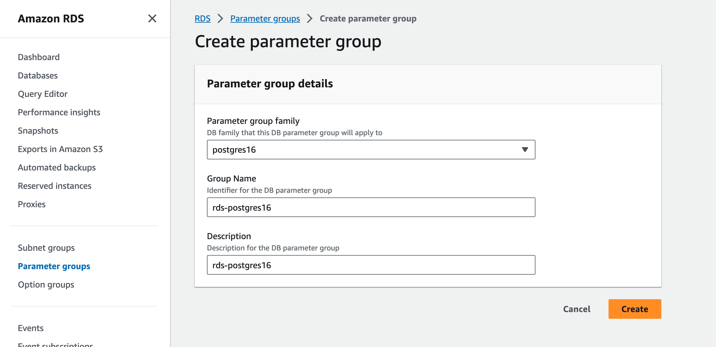 Create parameter group