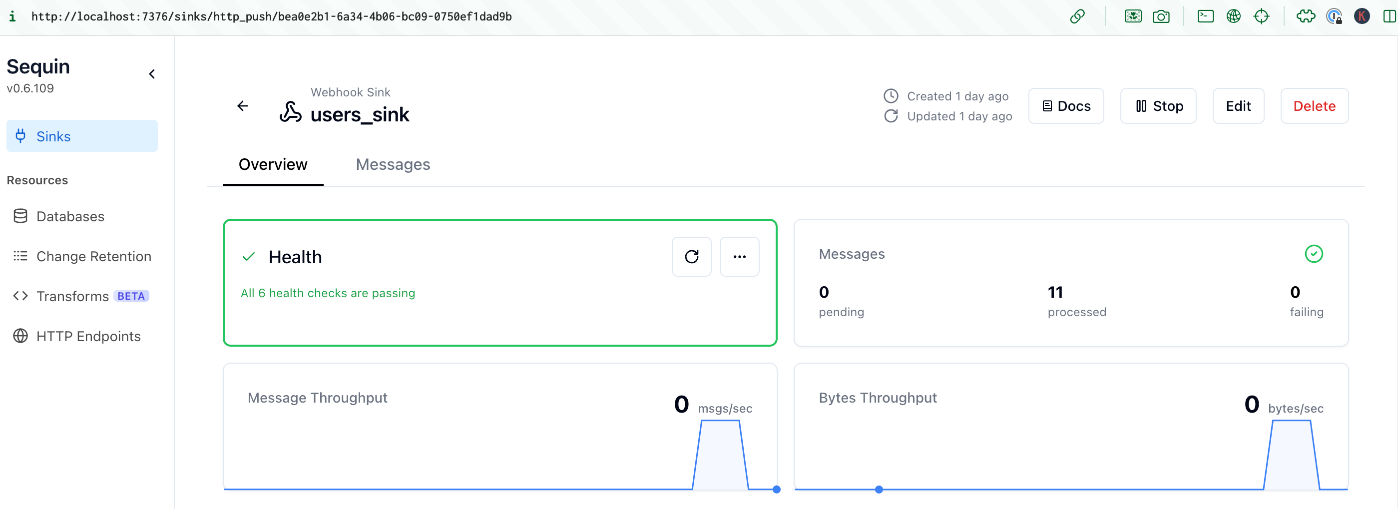 Sequin UI showing a message captured and delivered to the HTTP server