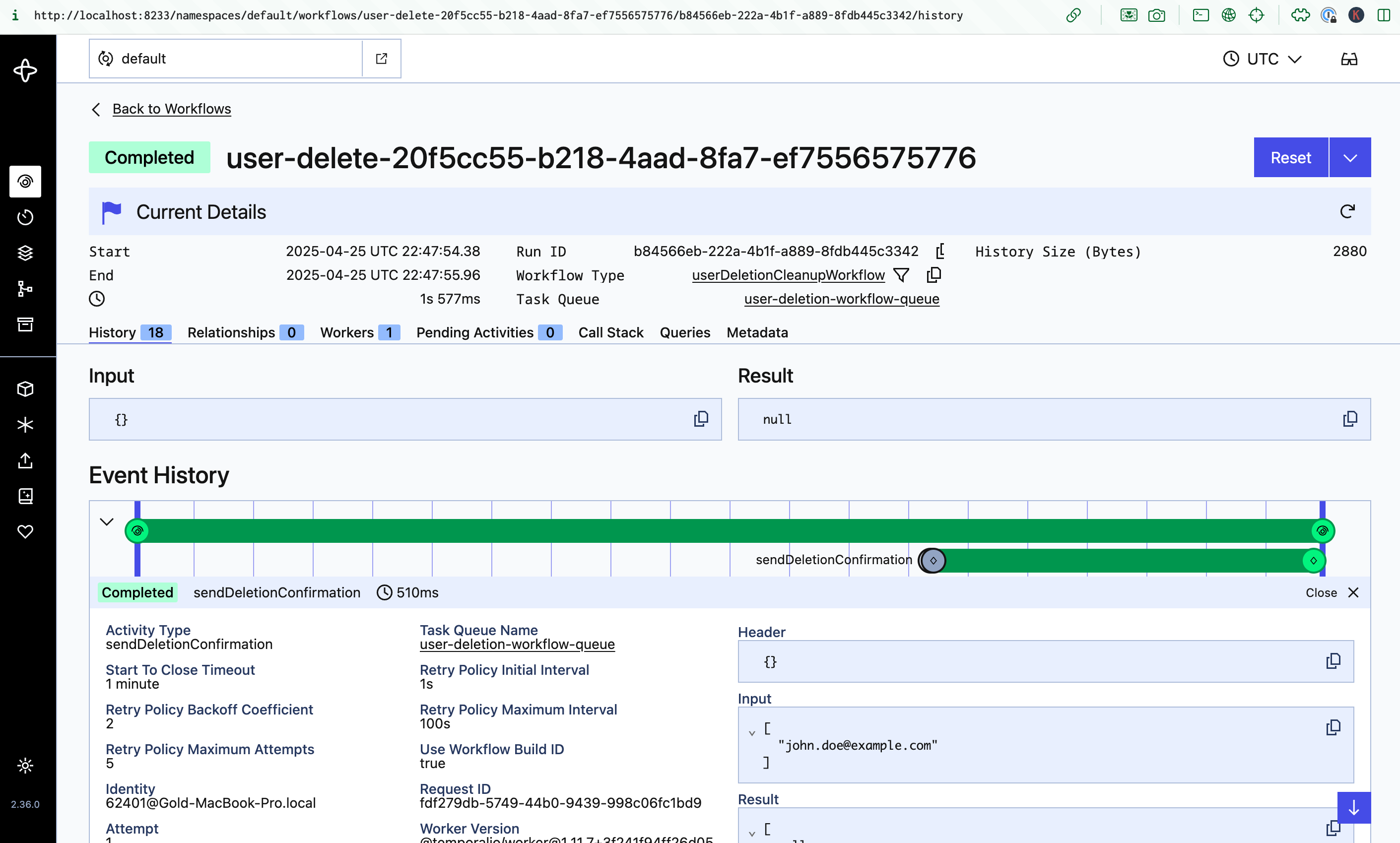 The temporal UI shows the workflow complete
