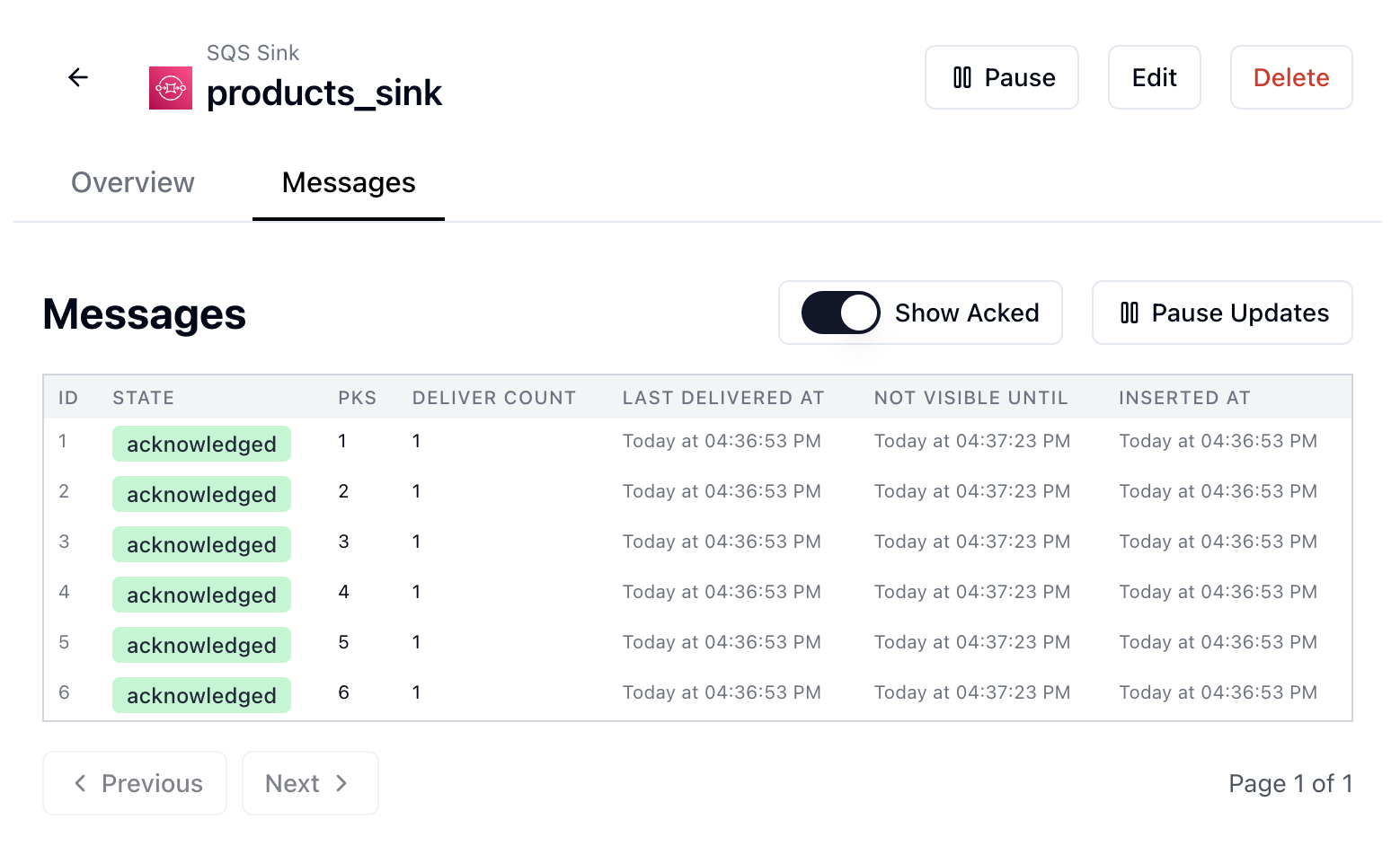 List of recently delivered messages