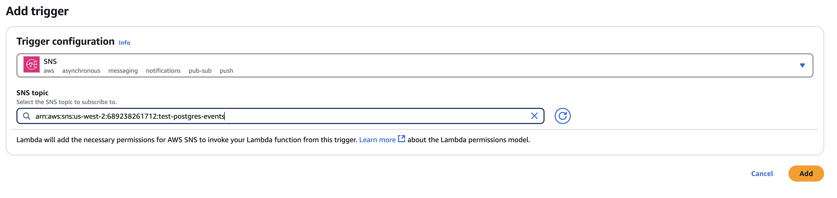 AWS console, configuring the SNS trigger