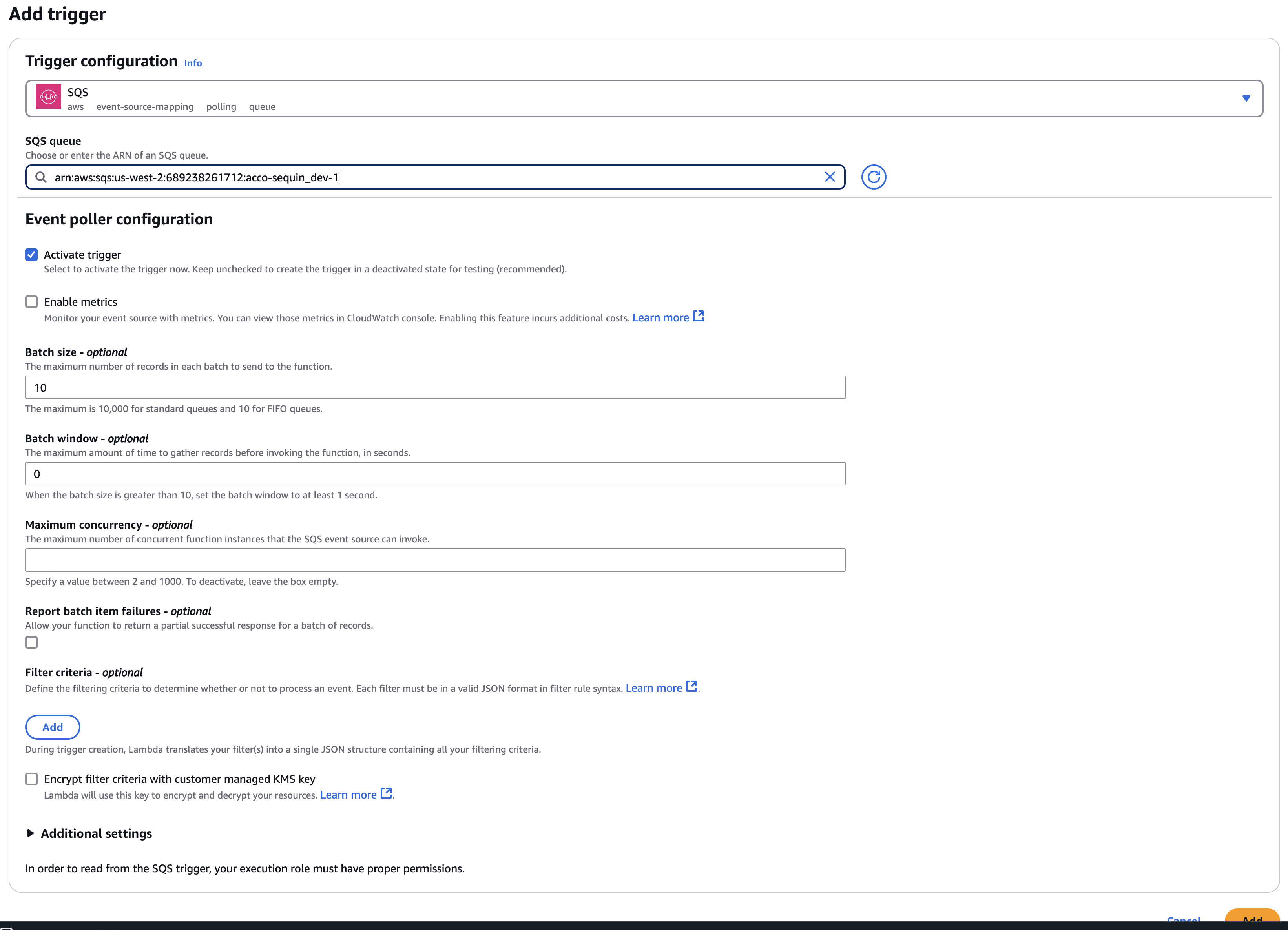 AWS console, configuring the SQS trigger