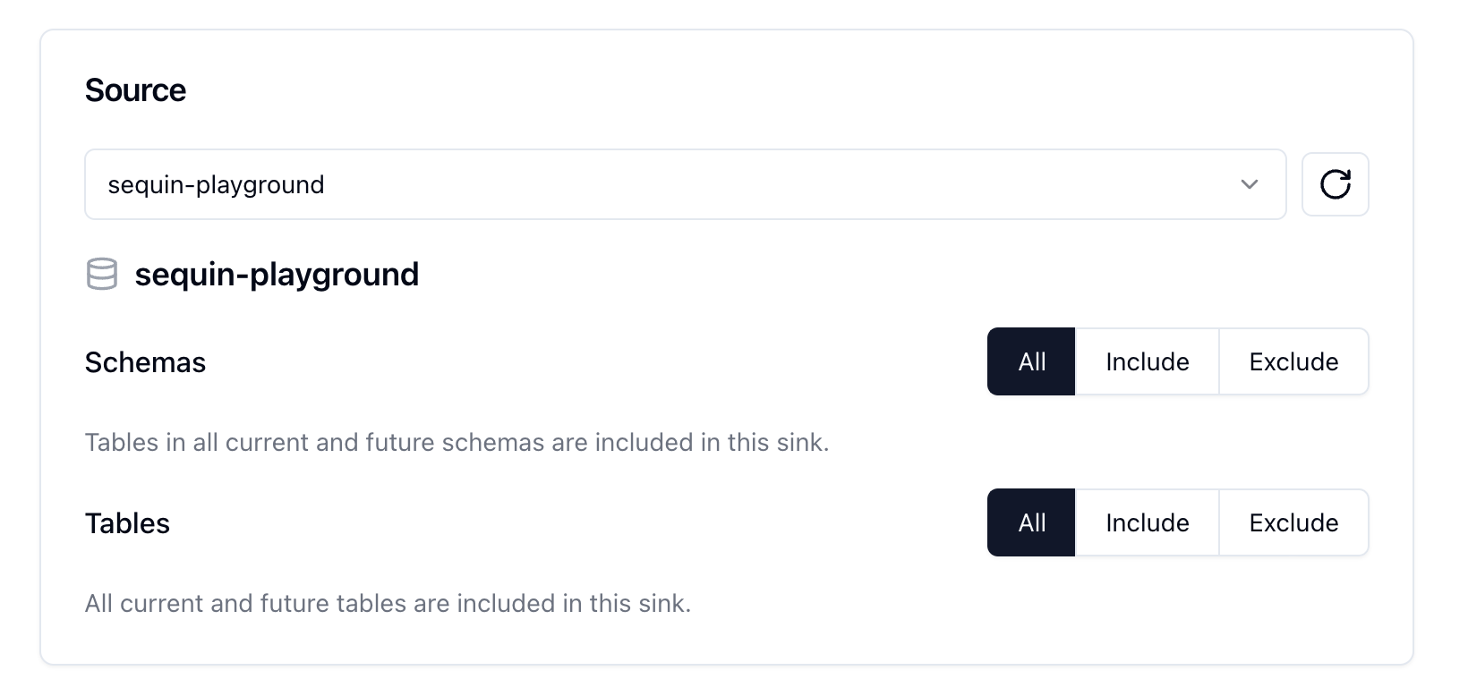 Source card showing the sequin_playground database and products table