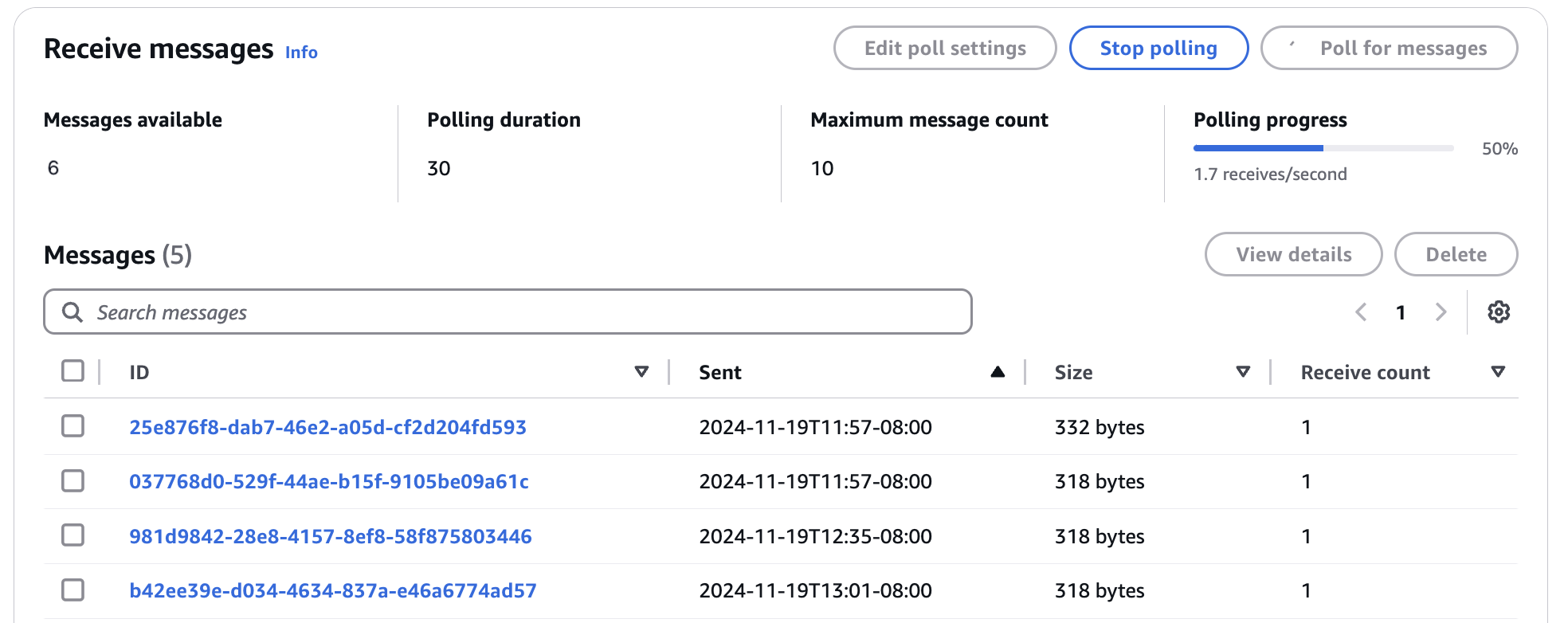 SQS Console showing polling for messages