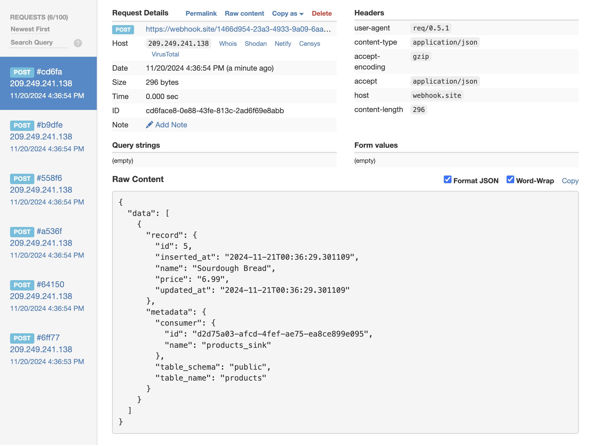 Webhook.site request log
