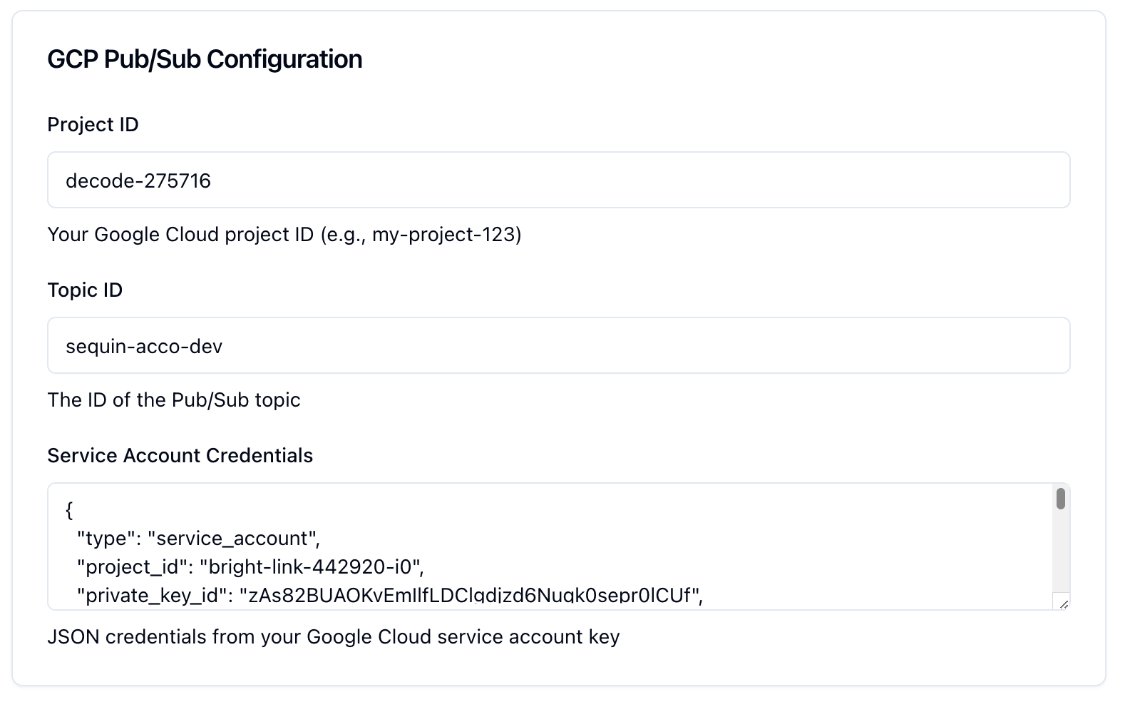 Pub/Sub configuration card
