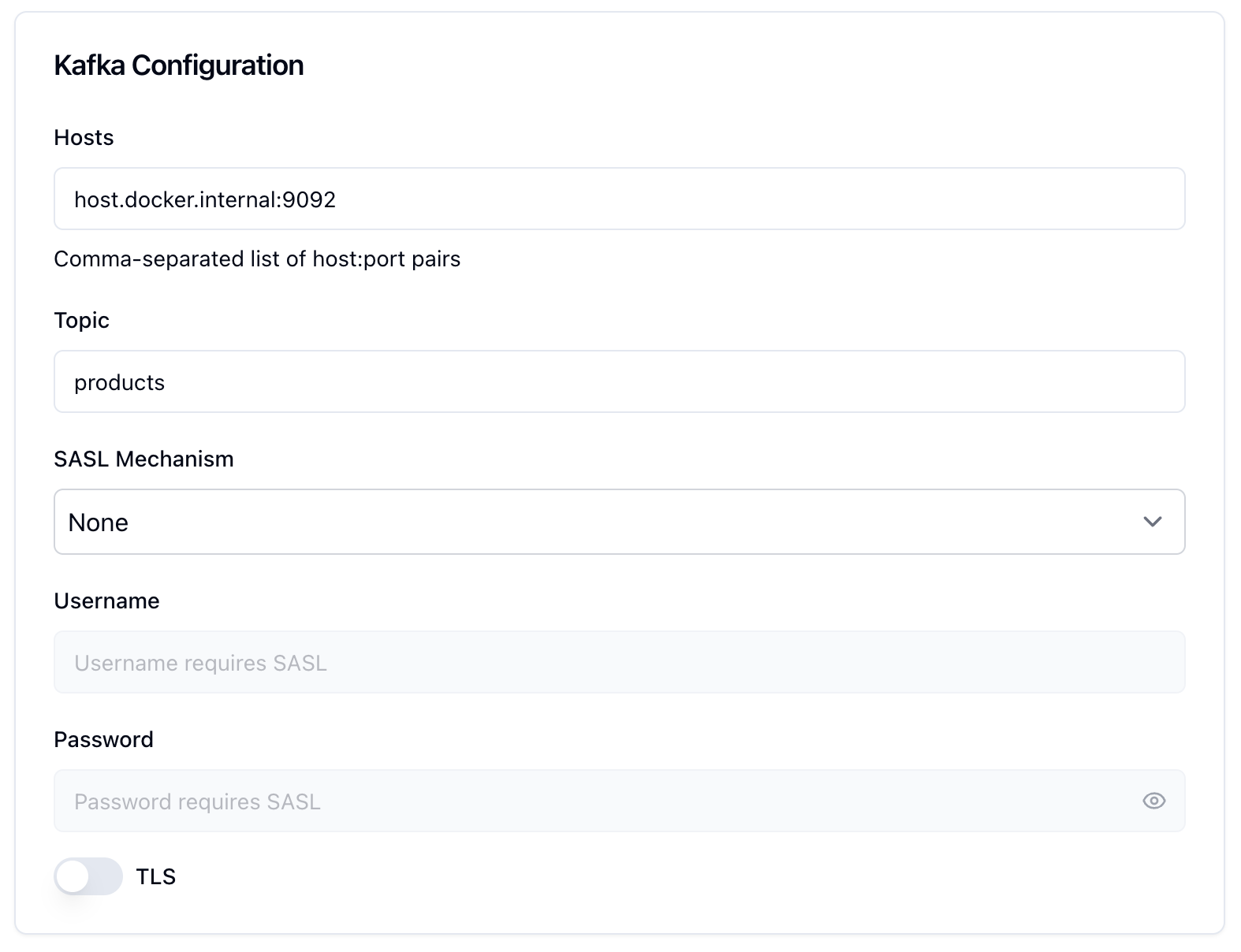 Kafka configuration card