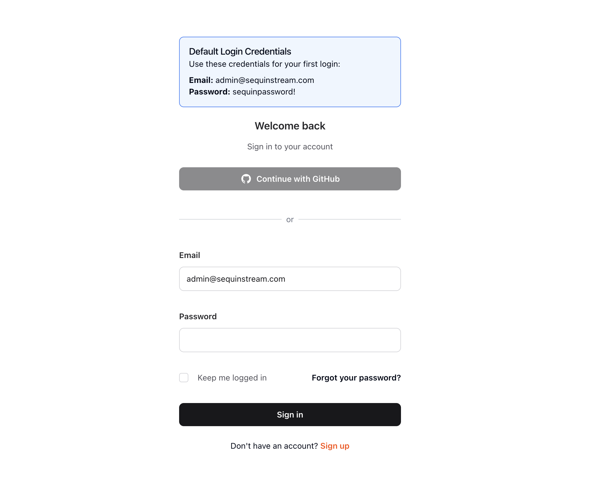Sequin login page, allowing login with default credentials