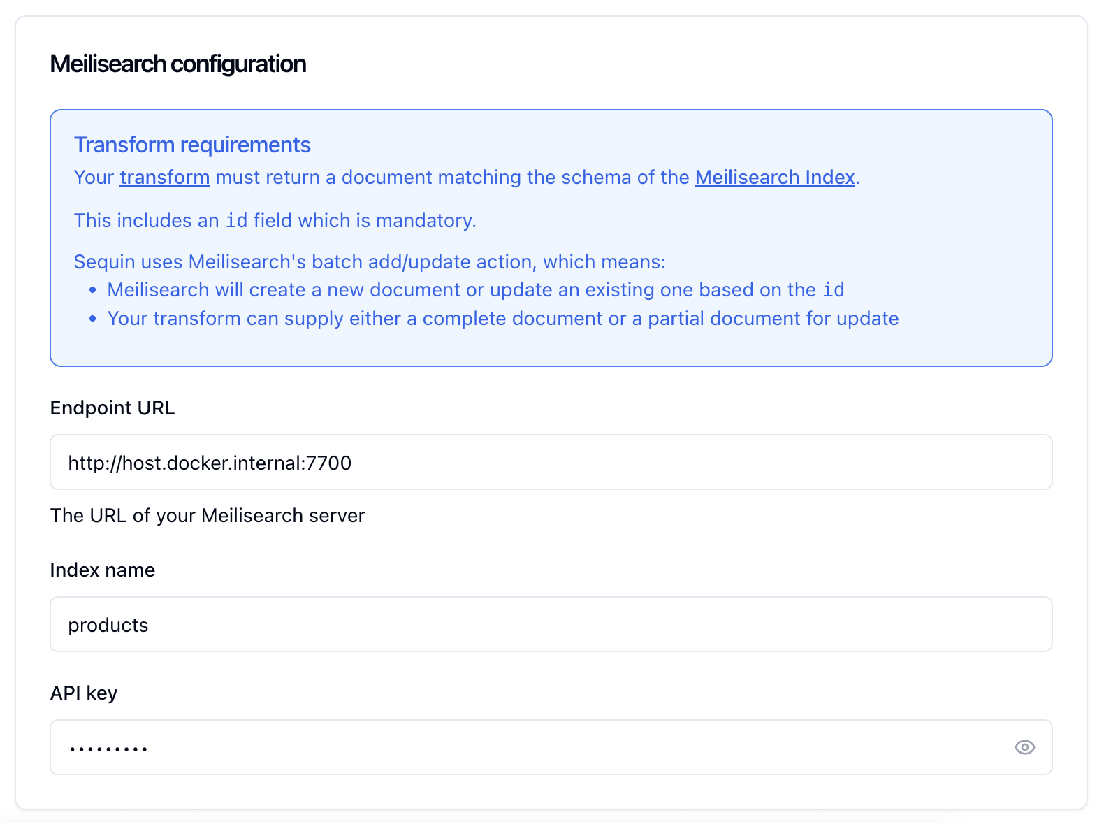 Meilisearch configuration card