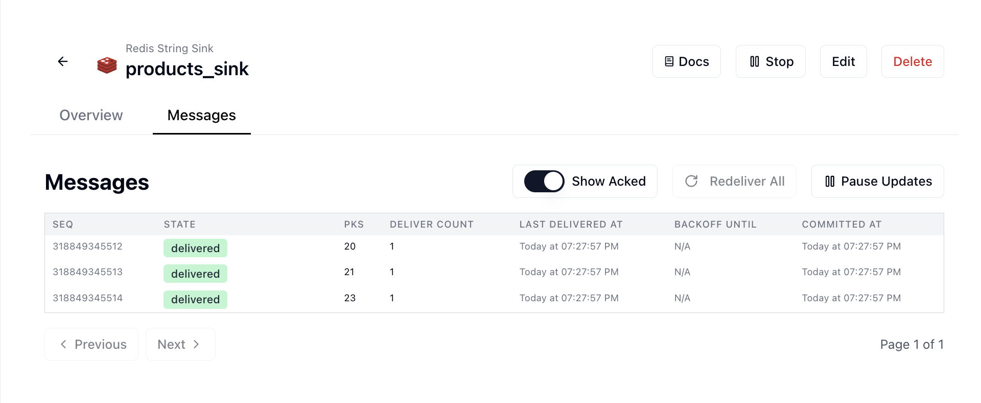 List of recently delivered messages