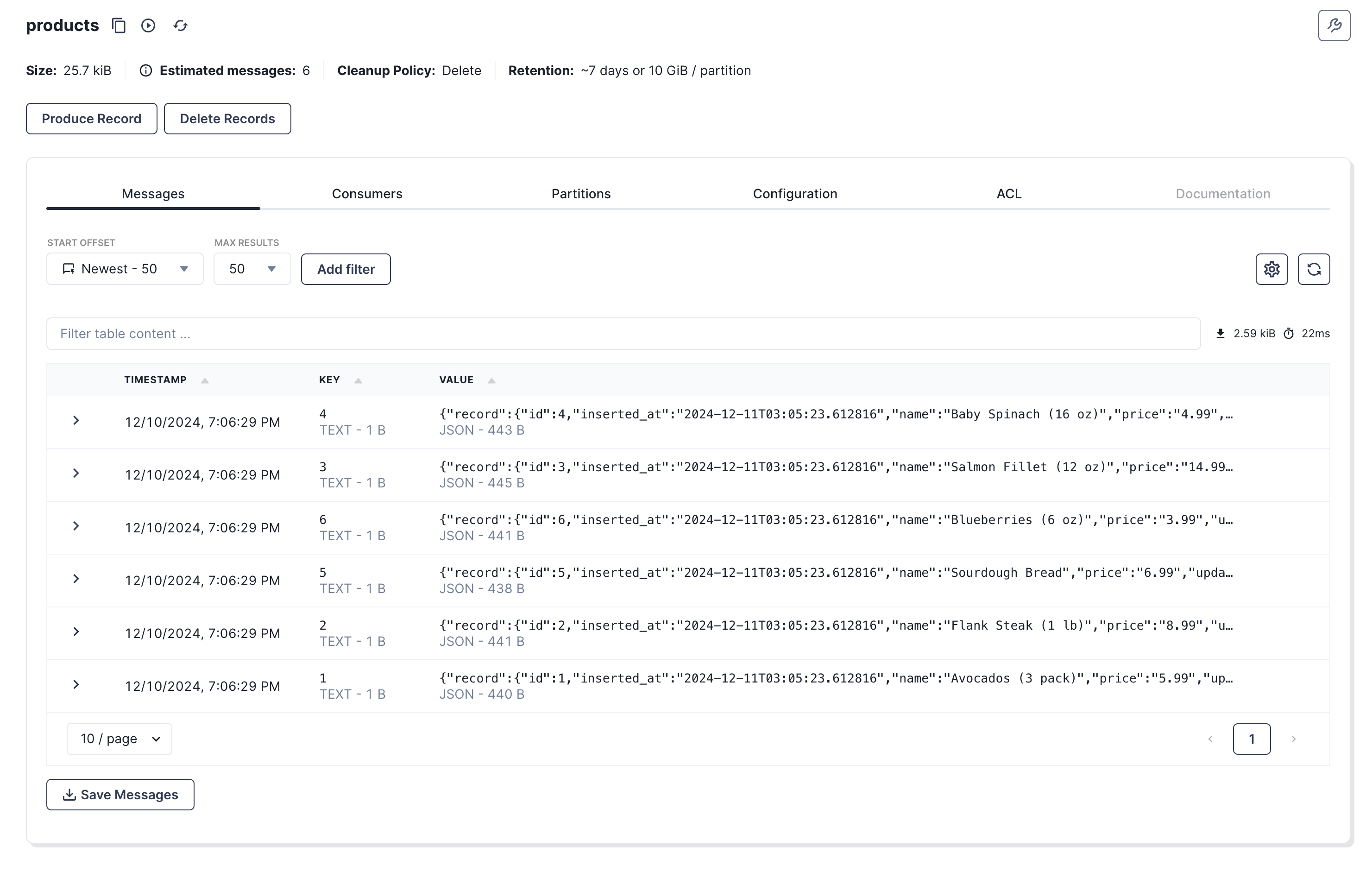 Messages in Redpanda Console
