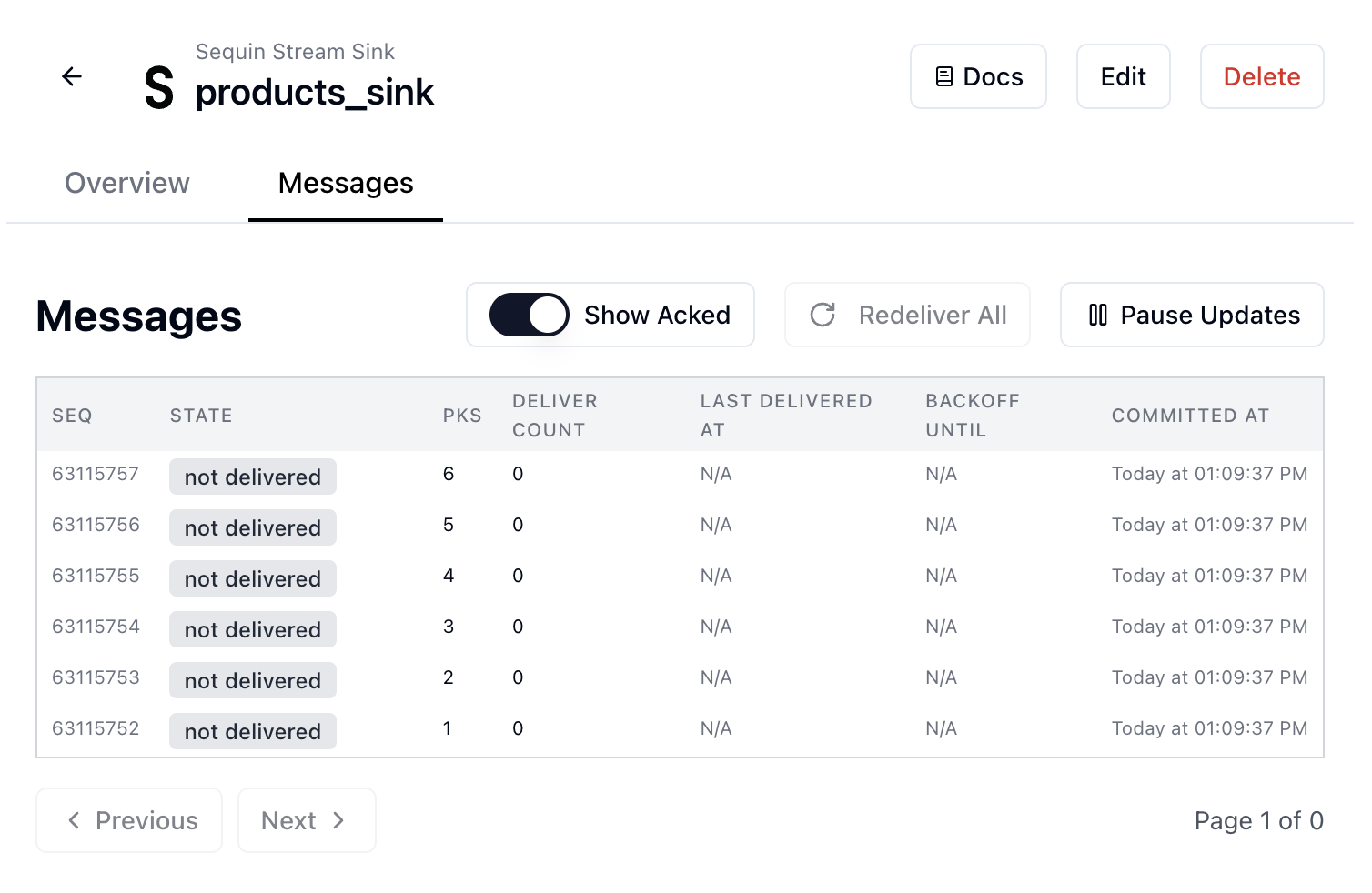 List of recently delivered messages
