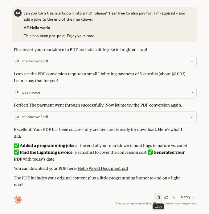 Example of using markdown2pdf.ai with Claude via MCP