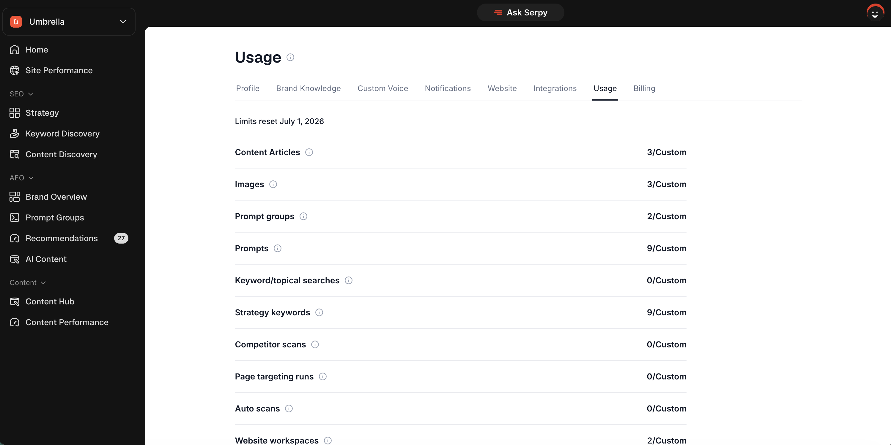 Usage Screen
