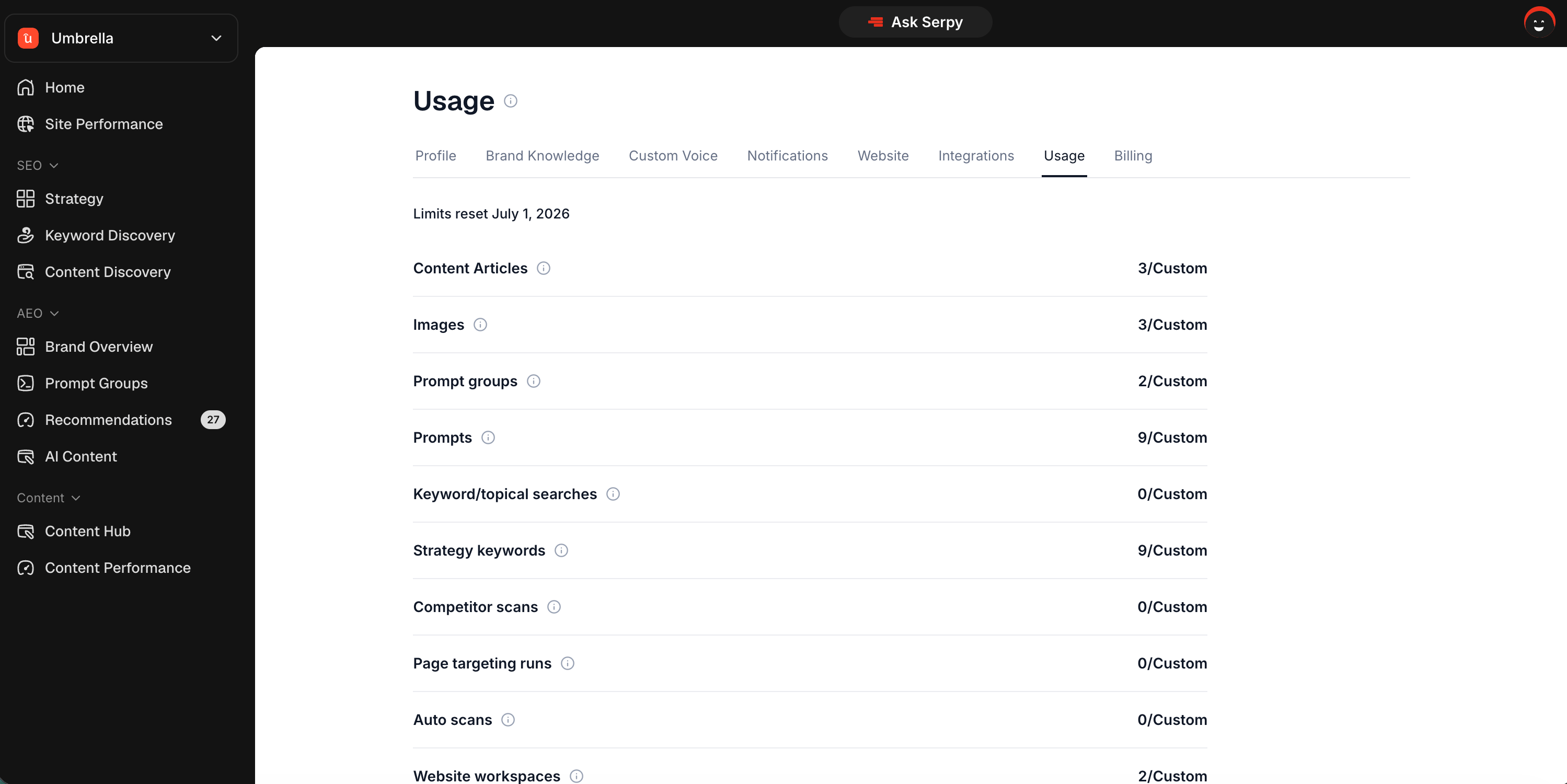 Usage Screen
